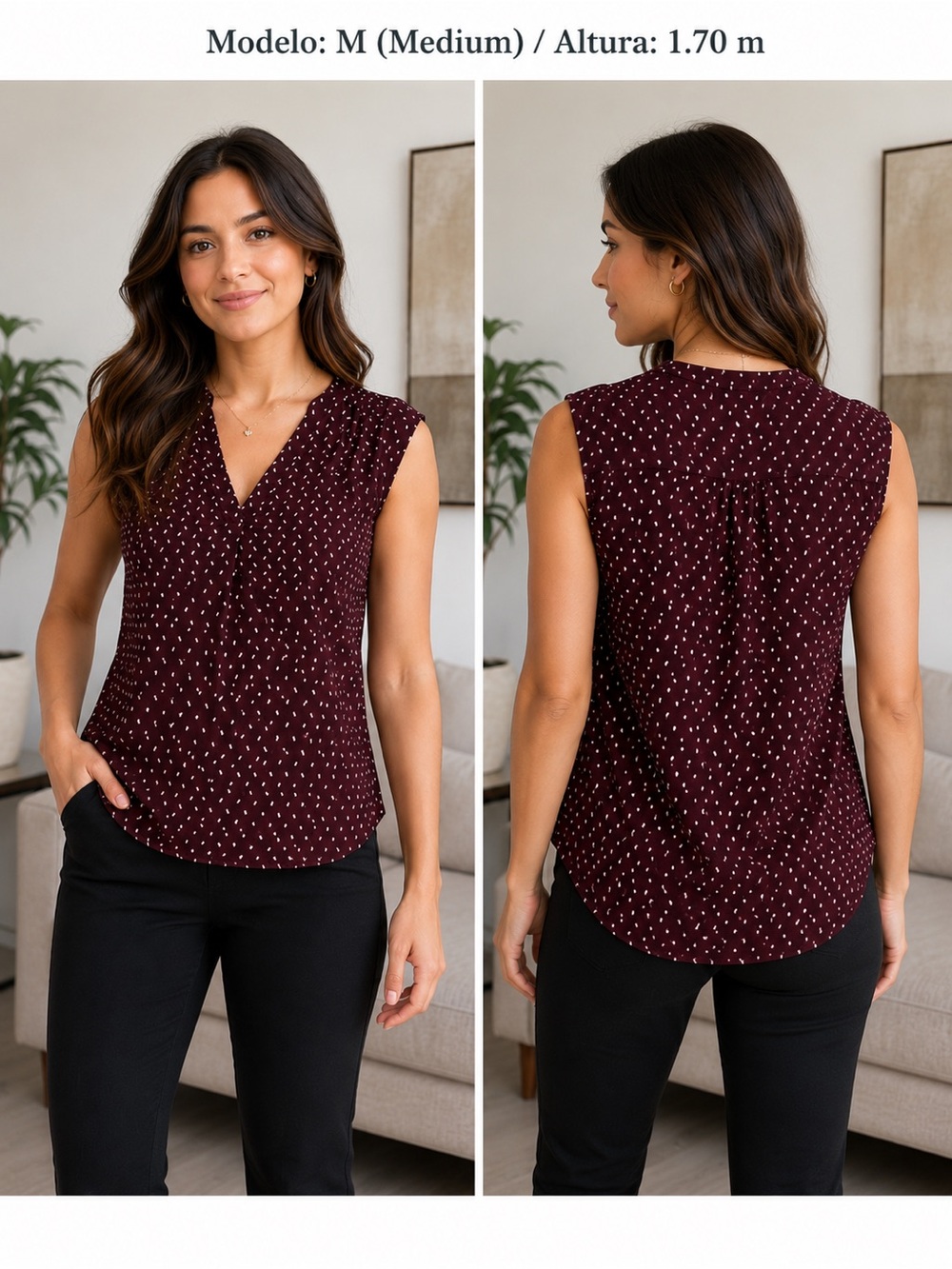 Burgundy Sleeveless V-Neck Office Blouse Women’s Top